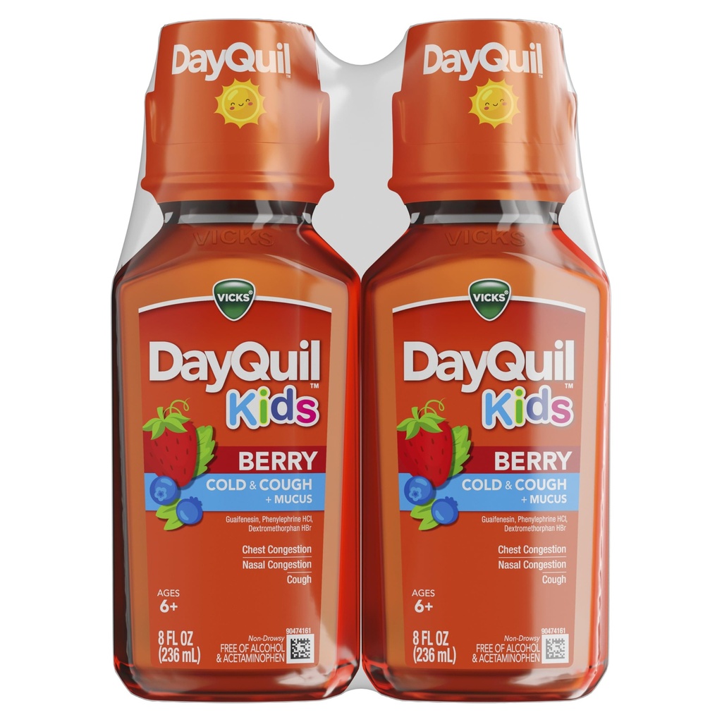 Vicks Kids DayQuil Berry Cold & Cough Medisin Co-Pack, dagtid Relief av flere symptomer, storsmakende Berry Flavor, Gratis alkohol og acetaminophen, For aldre 6+, 2x8oz