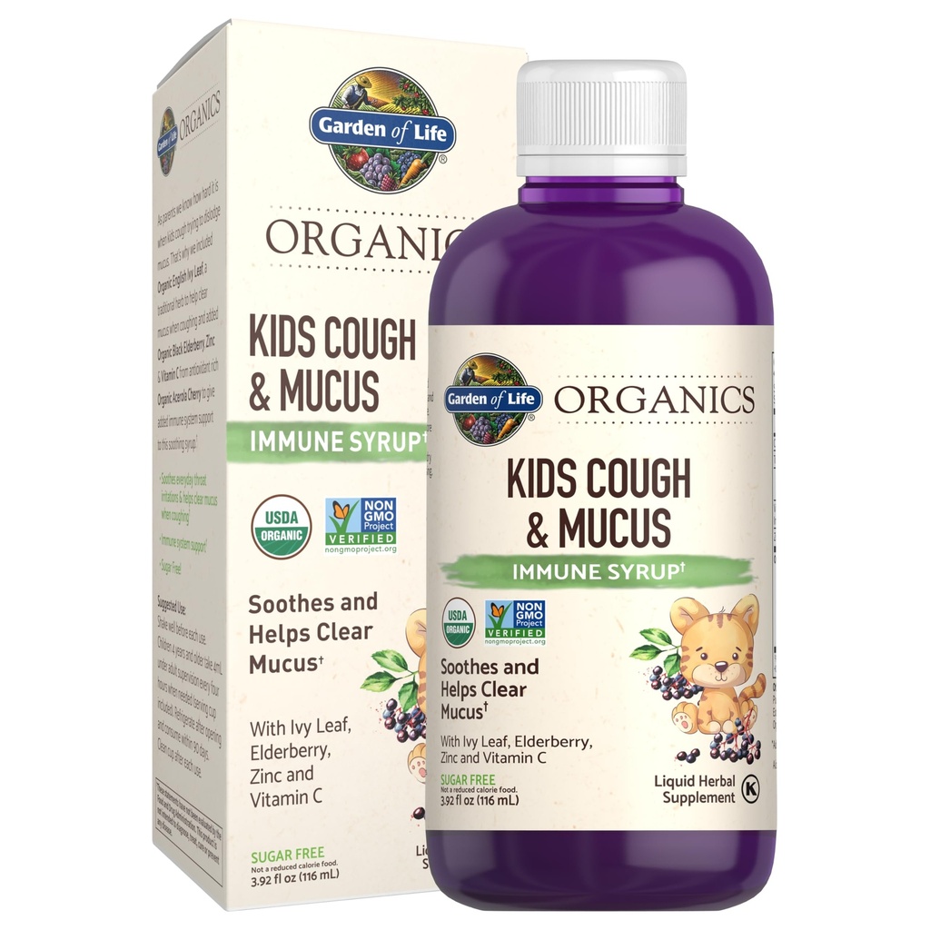 Garden of Life Organics Elderberry & Zink for barnes immunstøtte, Kids Cough & Mucus Immune Syrup med Ivy Leaf, vitamin C og Echinacea for barn, alkoholfri, Ingen tilsatt sukker, 3,92 fl oz