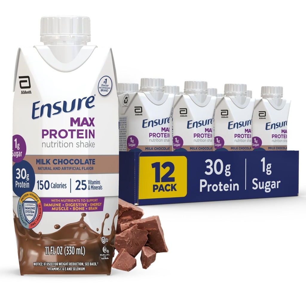 Sikre Max Protein Shake | Melk sjokolade | Klar til å drikke | 30g Protein for muskelhelse | 1g sukker, 4g Fiber | 11 fl oz, 12 Pack