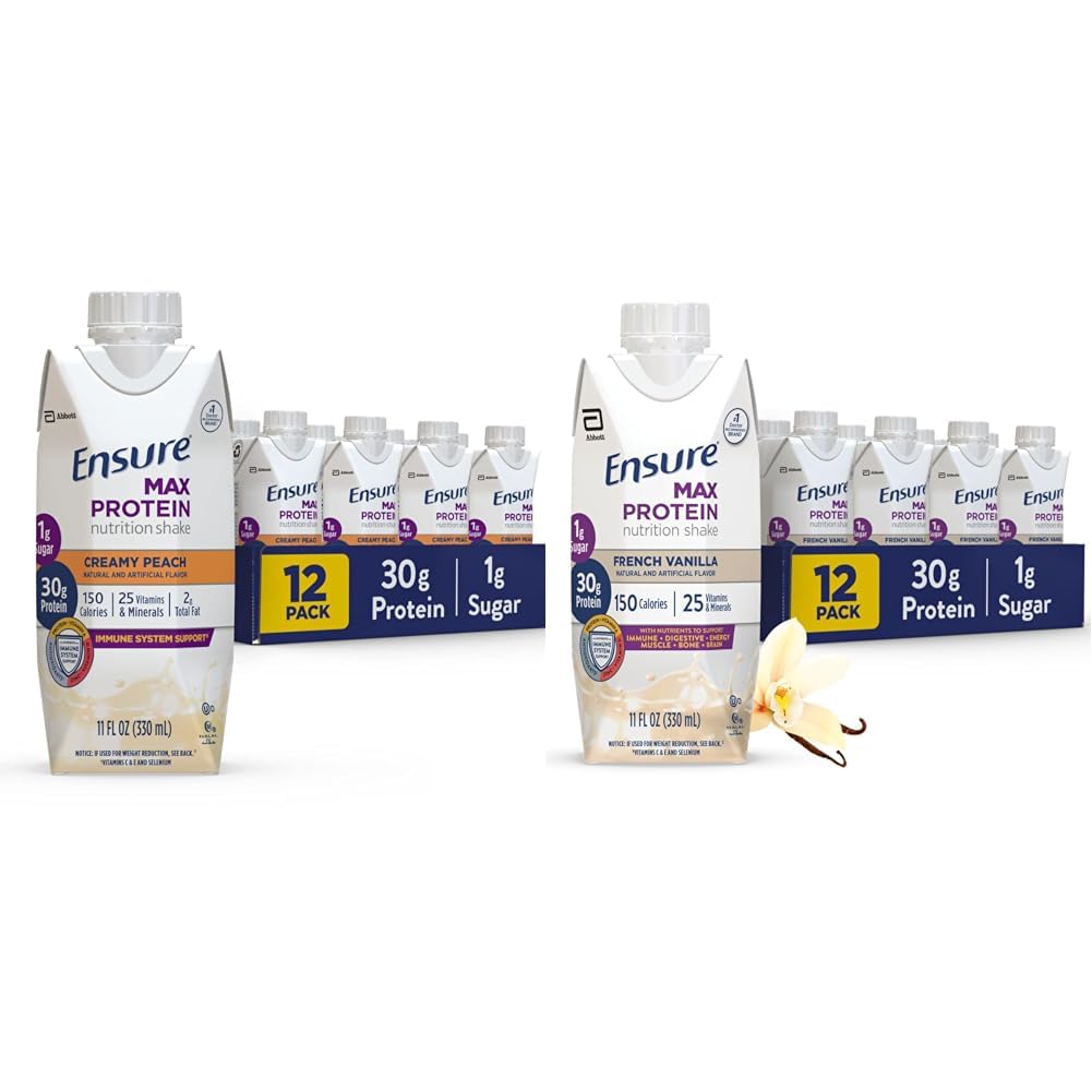 Sørg for Max Protein Ernæringshake med 30g protein, 1g sukker, høy proteinshake, kremet fersken og fransk vanilla, væske, 11 fl oz (pakke med 12)
