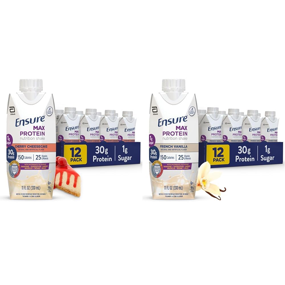 Sørg for Max Protein Ernæringshake med 30g Protein, 1g Sukker, høyproteinshake, Cherry Cherry Cheesecake & Fransk Vanilla, 11 fl oz, Pakke med 12