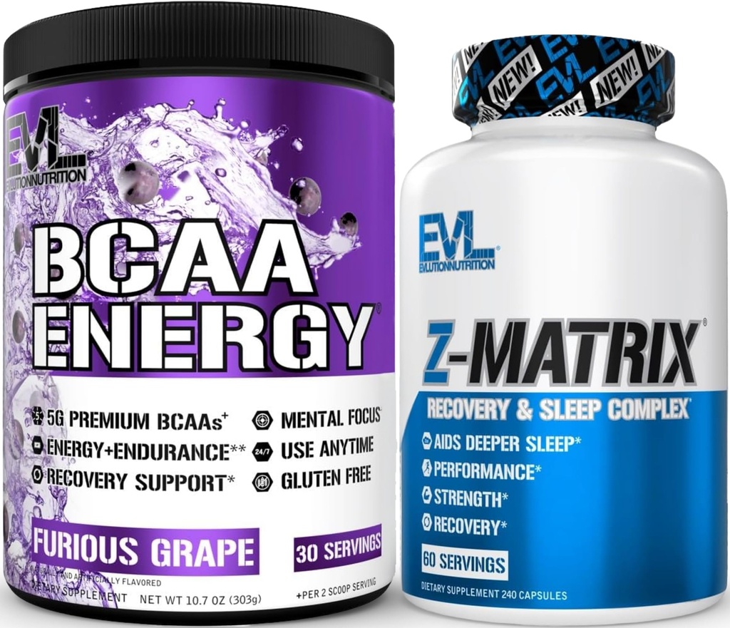 Evlution Zmatrix Magnesium og sink post trening Supplement (60 Serveringer) Plus Replenishing BCAA Aminosyrer pulver for pre & post trening (Grape, 30 Services)
