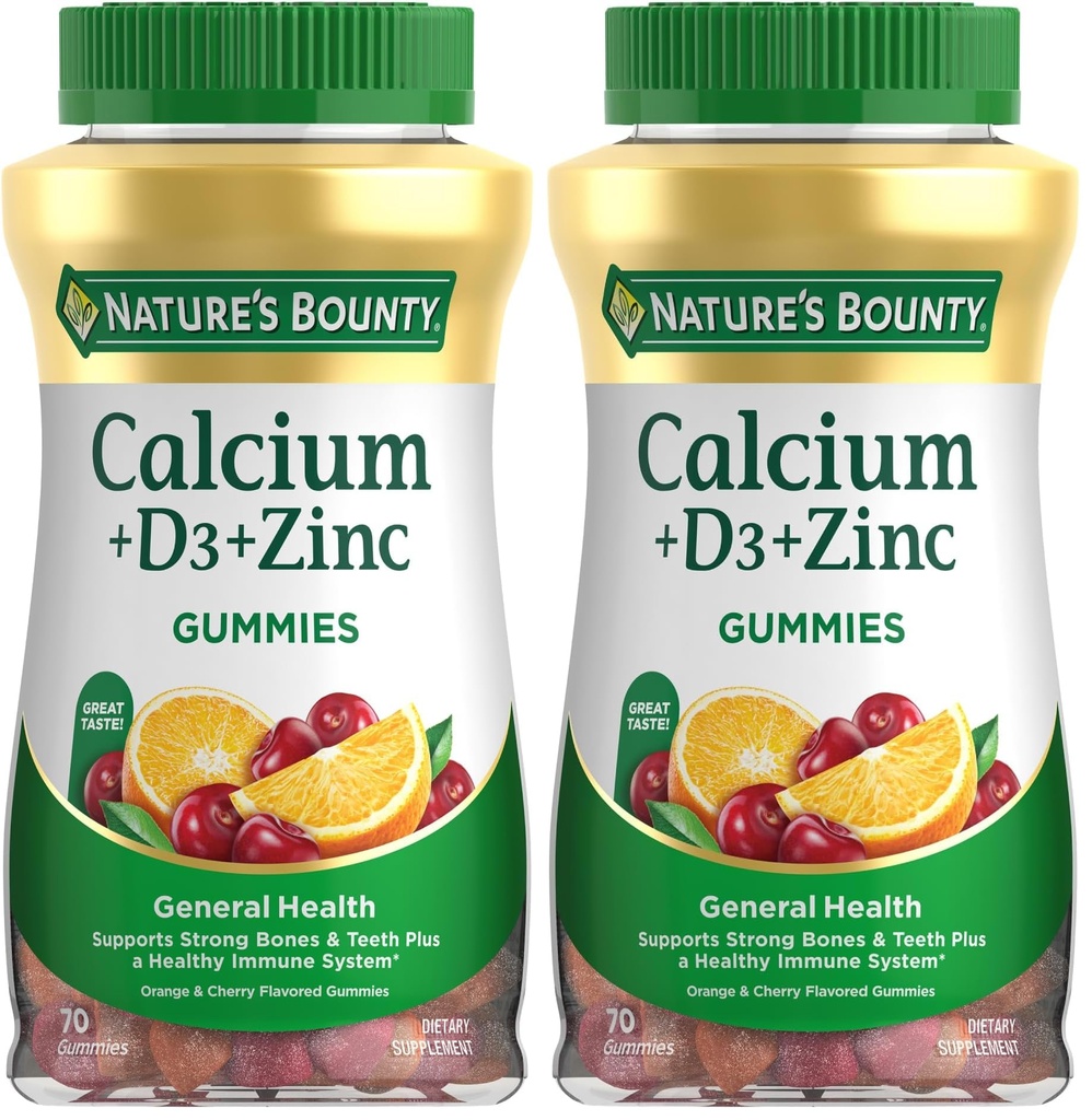 Naturens Bounty Kalsium + D3 + Zink Gummies, støtter sterke bein og tenner Plus et sunt immunsystem, 500 mg, oransje og Cherry Flavored, 70 gummier (Pack of 2)