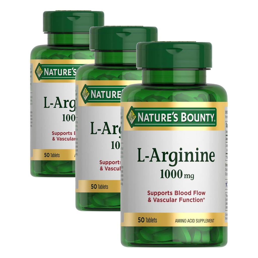 Naturens Bounty L-Arginine 1000 mg for å støtte blodstrøm og vaskulær funksjon - Ikke-GMO, Glutenfri, 50 tabletter (pakke med 3)