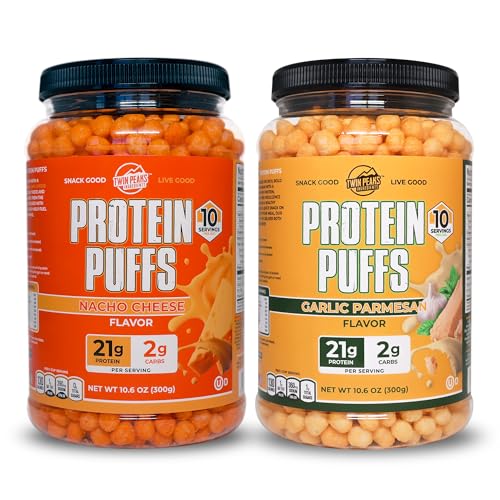 Twin Peaks Lav karbohydrat, Keto Vennlig Protein Puffs, 1 Jug hvitløk Parmesan Flavor Puffs + 1 Jug Nacho Cheese Flavor Puffs