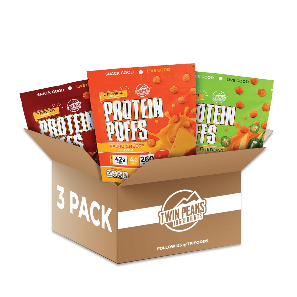 Twin Peaks ingredienser Lavt karbohydrat, Keto Vennlig Protein Puffs, (Variety Pack, 2.1 Ounce), 2 Services, 3 Pakke (60g, 42g Protein, 4g Karbohydrater)