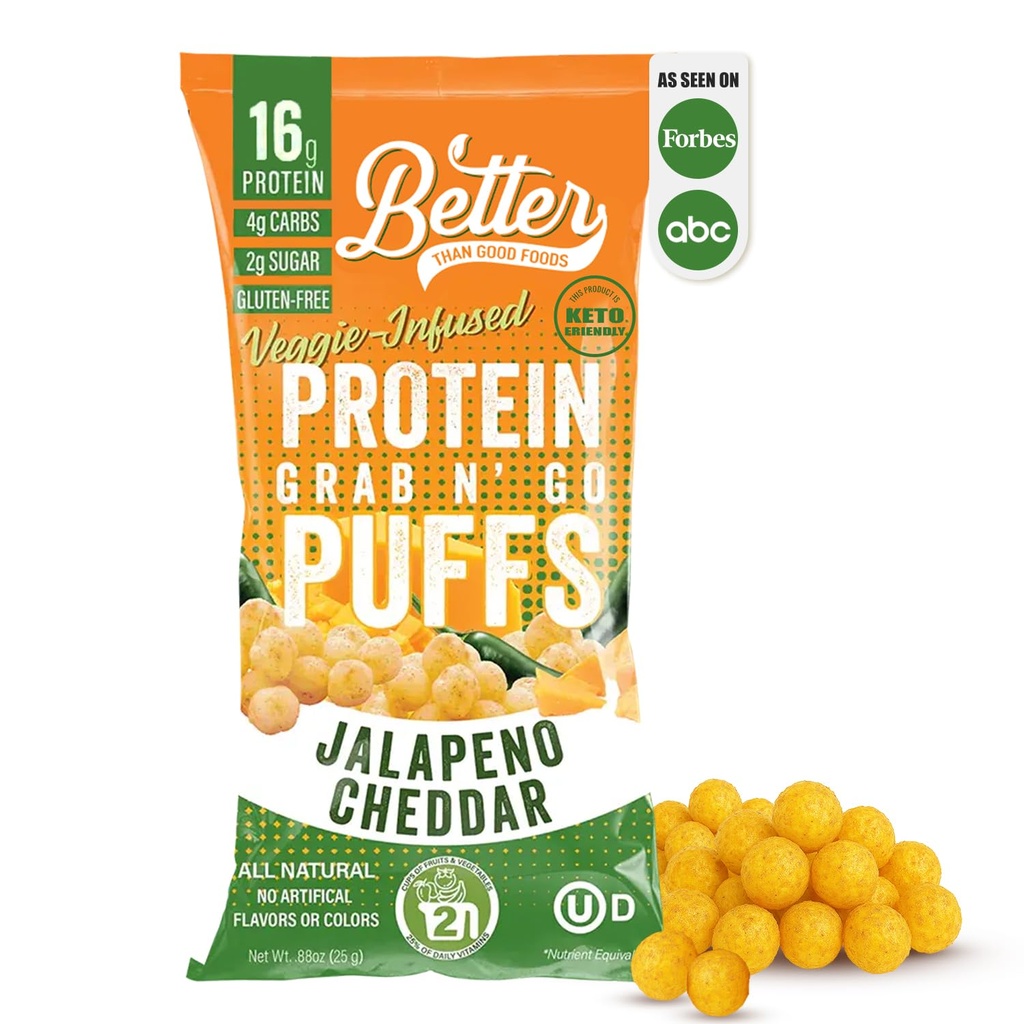 Bedre enn god savoria Keto Jalapeno Cheddar Protein Puffs | Glutenfri -16g Protein, Lavt sukker, Lav kalori, Diabetisk Vennlig Snacks | Lav karbohydrat, Sunn Kids Snack | Ingen kunstige smaker (12-Pack)