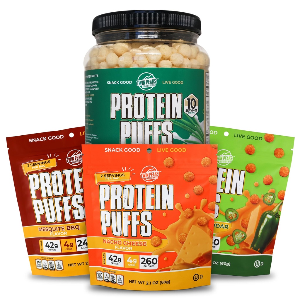 Twin Peaks Lav carb, Keto Vennlig Protein Puffs, Sour Cream & Løk + Twin Peaks ingredienser Lav carb, Keto Vennlig Protein Puffs