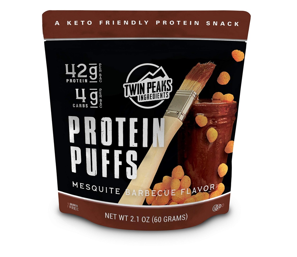 Twin Peaks Low Carb, Keto Vennlig Protein Puffs, Mesquite Barbecue 2 Serveringer, 3 Pakke (60g, 42g Protein, 4g Carbs, 120 Kals)