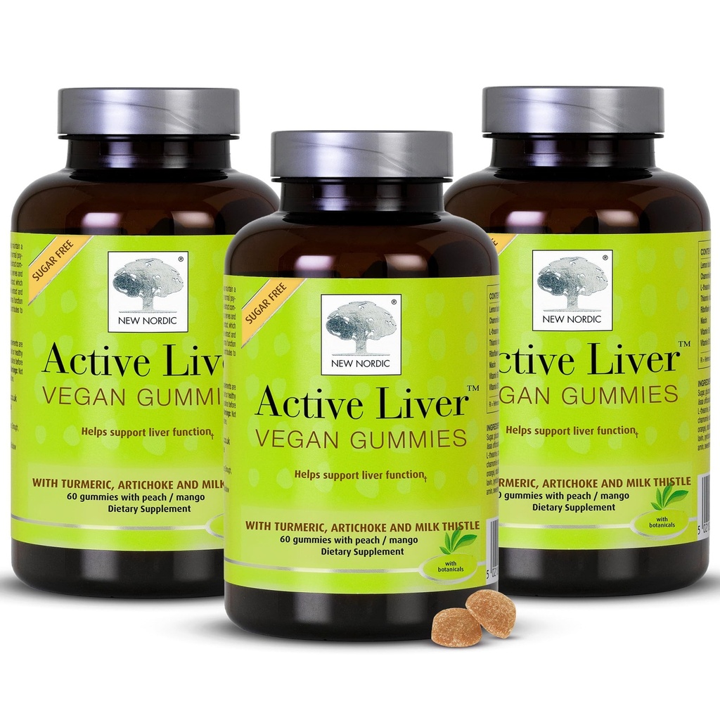 Ny Nordisk aktiv lever gummier, Melk Thistle, Artichoke & Turmeric Supplement, Naturlig fersken & Mango Flavor, Sukkerfri & Vegansk, 60 greve (Pack of 3)