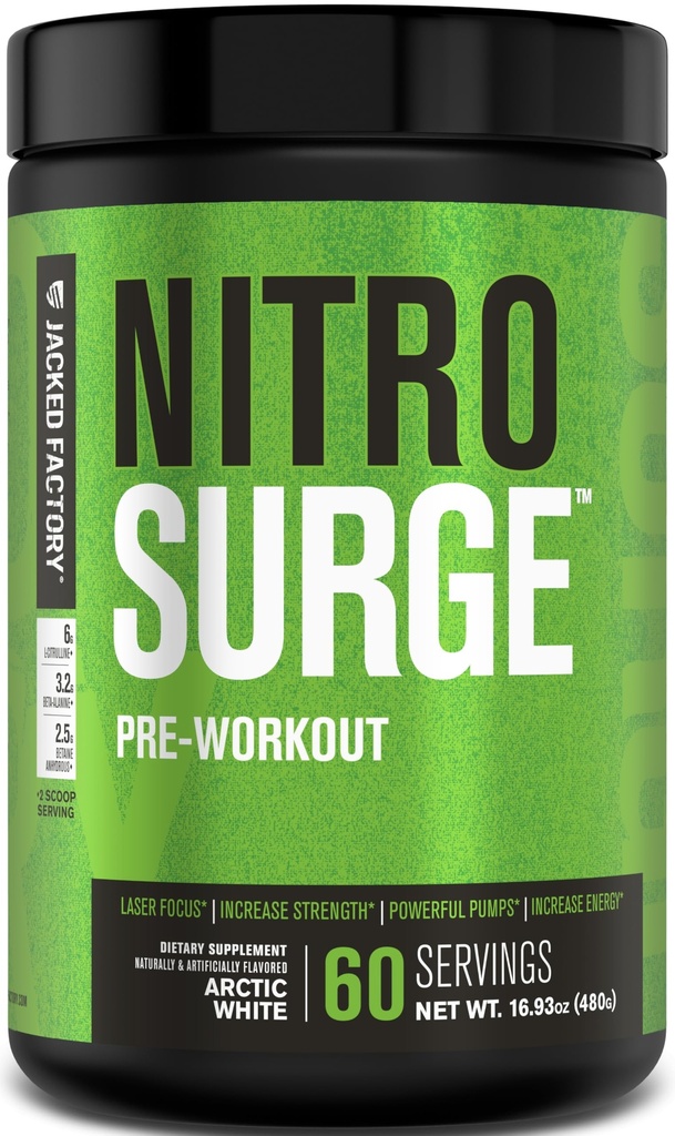 Jacked Factory NITROSURGE Pre Workout Supplement - Endless Energy, Instant Strength Gains, Clear Focus, Intense Pumper - Ingen Booster & Kraftig Preworkout Energi pulver - 60 Serveringer, Arctic Hvit