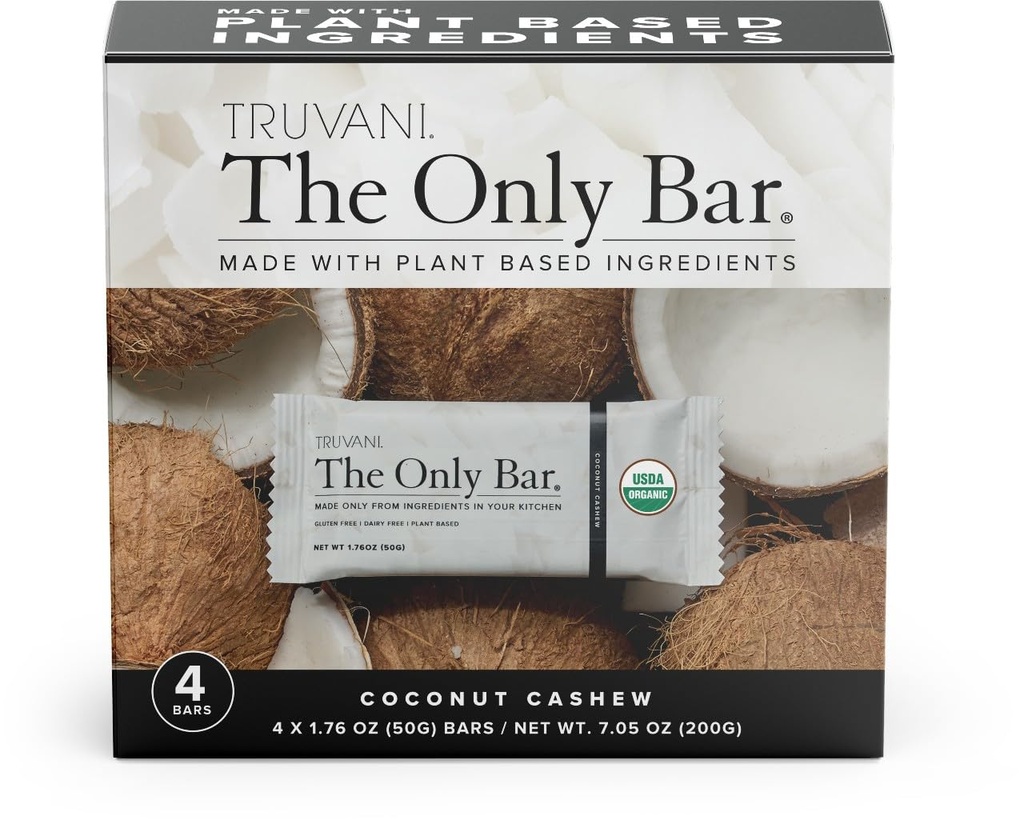 Truvani Plant Basert Snack Barer | Kokos Cashew 4 Pack | 5g Protein | USDA Organic og Vegan | Den eneste Baren | Dairy, Soja, og Glutenfri | Individuelt omgitt