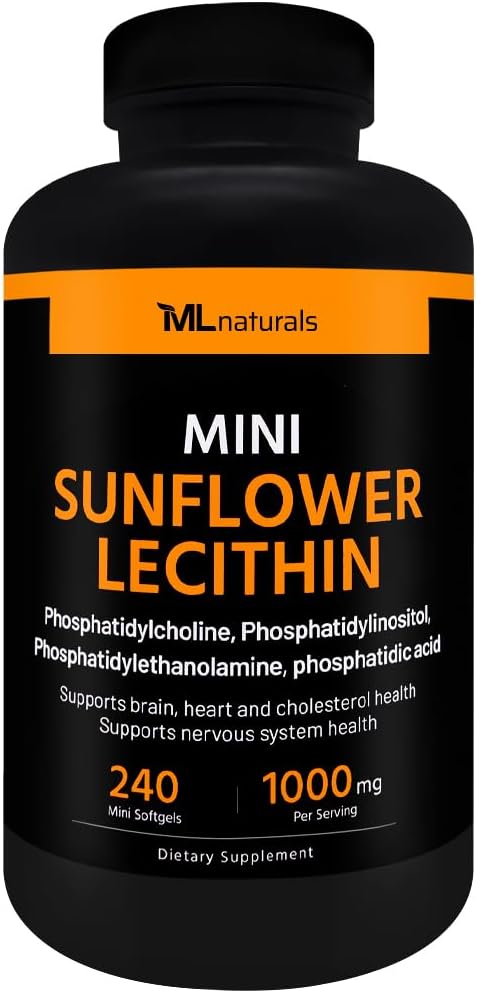 ML Naturals Mini Solflower Lecithin 240 Softgels. Fosfatidylkolin, Fosfatidylinositol, Fosfatidyltanolamin, Fosfatidsyre, NSF-sertifisert og cGMP-Compliant
