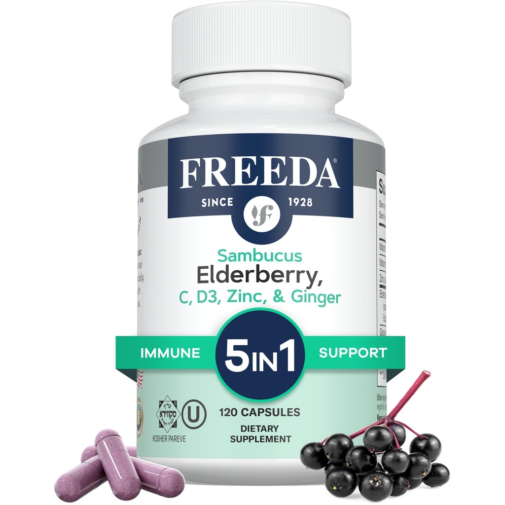 FREEDA Sambucus Elderberry med vitamin C, sink, vitamin D3 & Ginger - 5 i 1 Herbal Antioksidant Immun støtte Supplement for kvinner og menn - Glutenfri voksen eldrebær kapsler, USA laget (120 count)