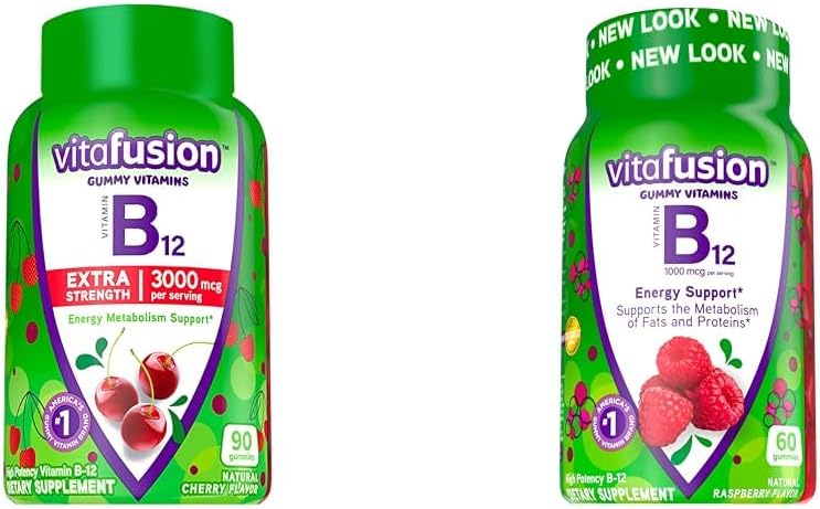 Vitamin B12 Gummy vitaminer for energimetabolisme støtte, Cherry and Raspberry Flavored, Amerikas tall 1 merkevare, 90 og 60 telling