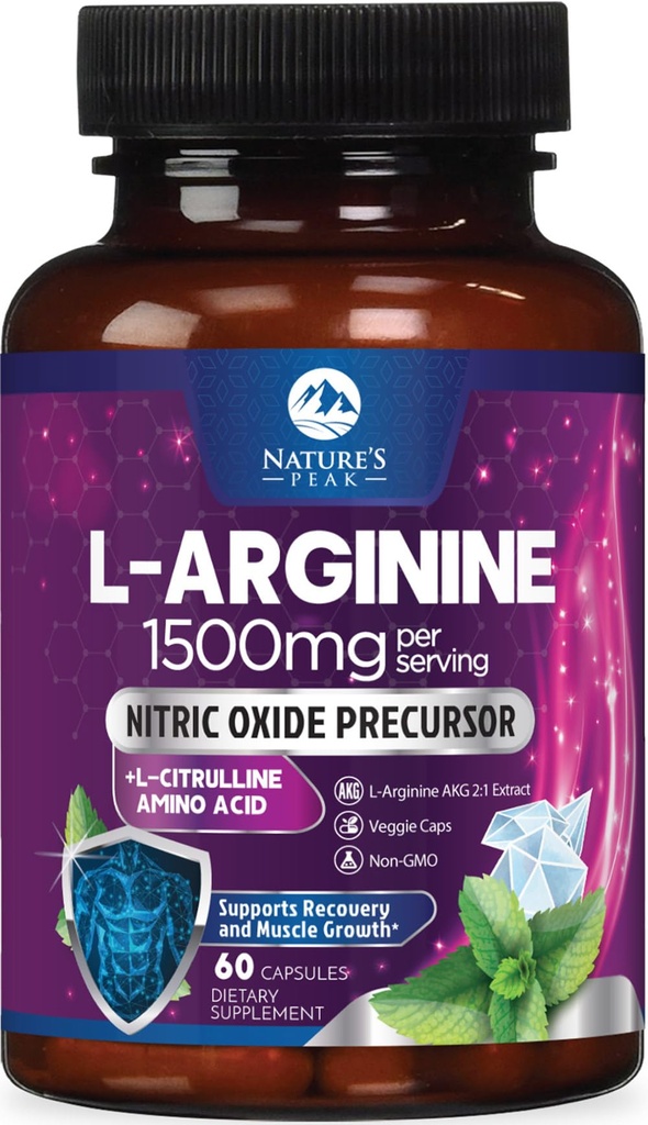 L-Arginine Complex - Ekstra styrke Nitric Oxid Booster Supplement - Premium energi blanding for naturlig hjerte helse og muskel støtte - Ikke-GMO, laget for menn og kvinner, flaske USA - 60 kapsler