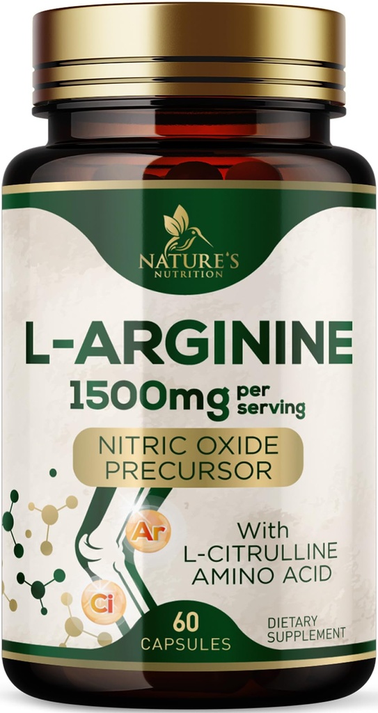 L-Arginin Extra Styrke Supplement med L-Citrullin - Muskelstøtte Naturlig Nitric Oxid Precursor Booster - hjerte helse støtte - Aminosyre Energi blanding for menn, USA Flasket - 60 Kapsler