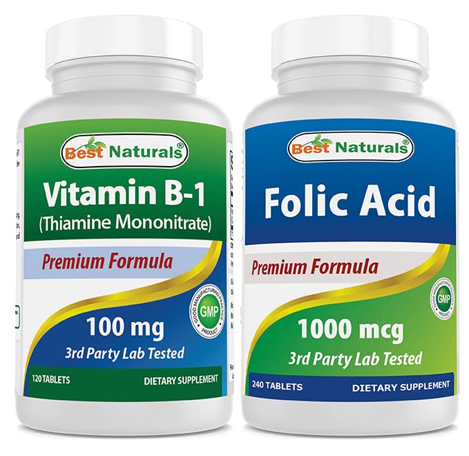 Beste Naturals Vitamin B1 som Thiamin Mononitrat 100 mg & Folinsyre 1000 mikrog