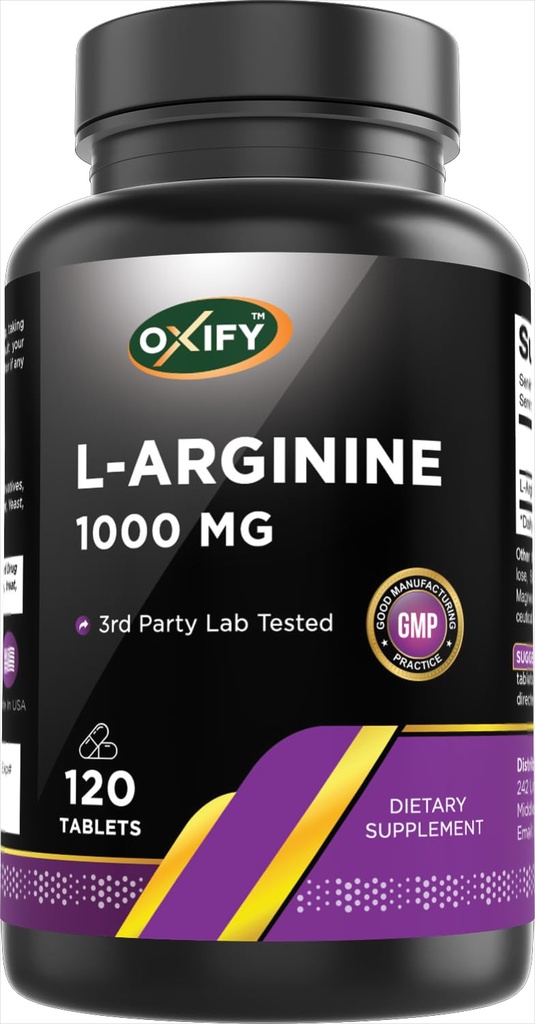 Oxify L-Arginin 1000 mg | 120 tabletter | Glutenfri, ikke-GMO | Supplement laget i USA