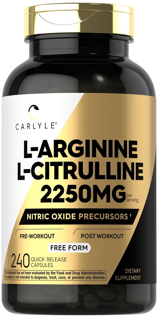 Carlyle L-Arginine L-Citrulline Supplement | 2250 mg | 240 pulverkapsler | Nitric Oxid Precursors | Gratis skjema | Ikke-GMO & Glutenfri