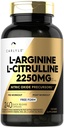 Carlyle L-Arginine L-Citrulline Supplement | 2250 mg | 240 pulverkapsler | Nitric Oxid Precursors | Gratis skjema | Ikke-GMO & Glutenfri
