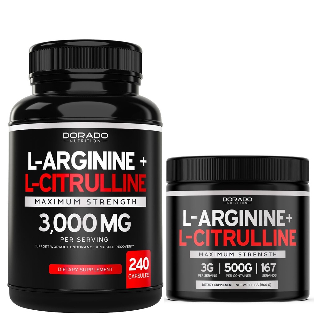 L Arginine L Citrulline (240 greve) - Nitric Oxid Pill for Stamina & Endurance og L Arginine L Citrulline pulver (3g) - Nitric Oxid Booster pulver for ytelse og utholdenhet - Vegan & USA laget