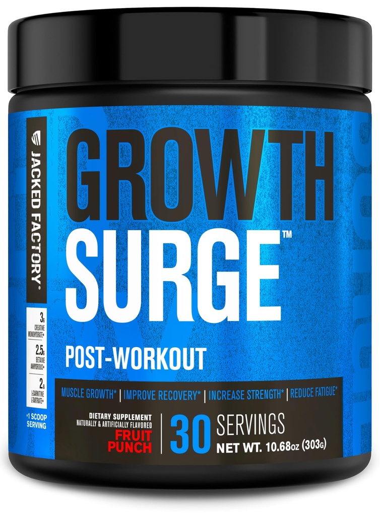 Jacked Factory Growth Surge Creatine Post Trening w/L-Carnitine - Daglig Muscle Builder & Recovery Supplement med Kreatin Monohydrat, Betaine, L-karnitin L-Tartrate - 30 Serveringer, Frukt Punch