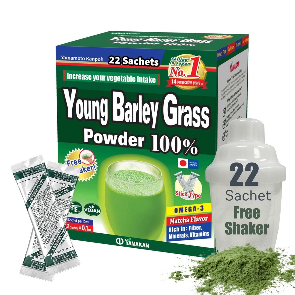 Yamamoto Kanpoh YAMAKAN Barley Grass Juice pulver, unge Barley Grass pulver rik på mineraler, vitaminer og plantebaserte protein for kvinner og menn, Grass Juice fra Japan, ikke GMO 22 greve