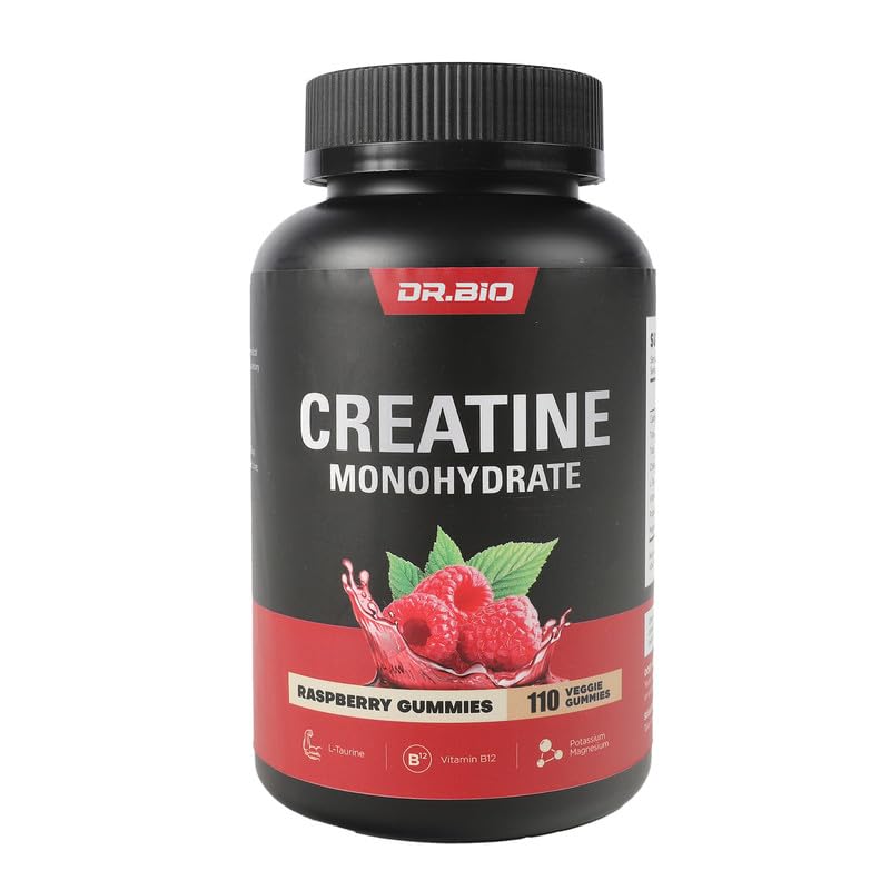 DR.BIO Kreatin Monohydrat Gummier for energi og muskel støtte, Pre-Workout Complex Kreatin for kvinner og menn med 5000 mg Kreatin, L-Taurin, B12, Mg og K, Vegan, Rød bringebær, 110 greve