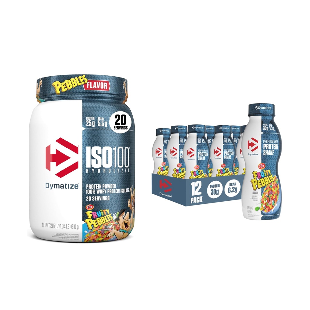 Bundle av Dymatize Performance Protein Shake, Fruity Pebbles (12 pakke) + ISO100 Whey Protein Powder Isolate, Fruity Pebbles (20 serveringer)