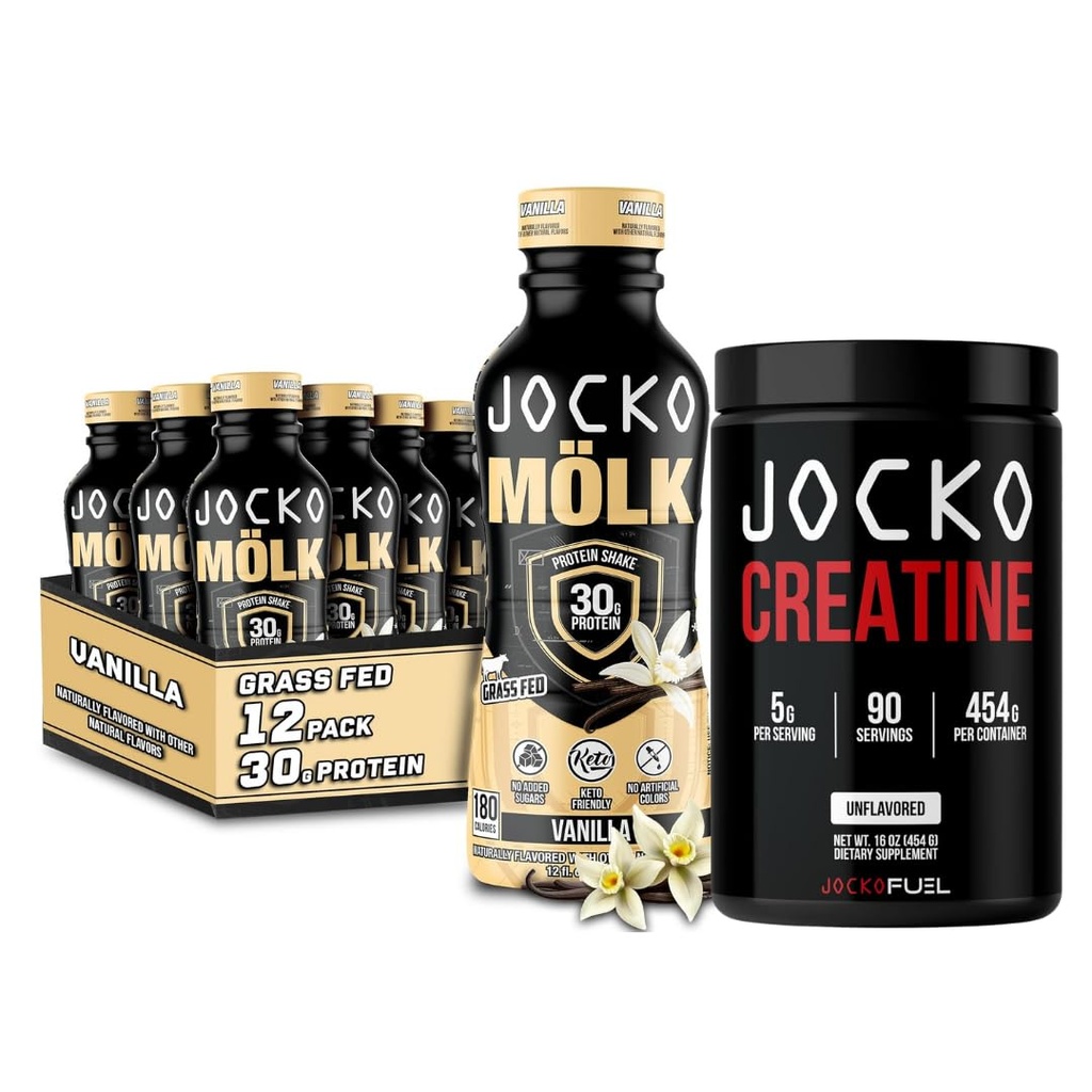 Jocko Mölk Grass Fed Protein Shakes - Klar til å drikke (pakke med 12) Vanilla + Jocko Creatine