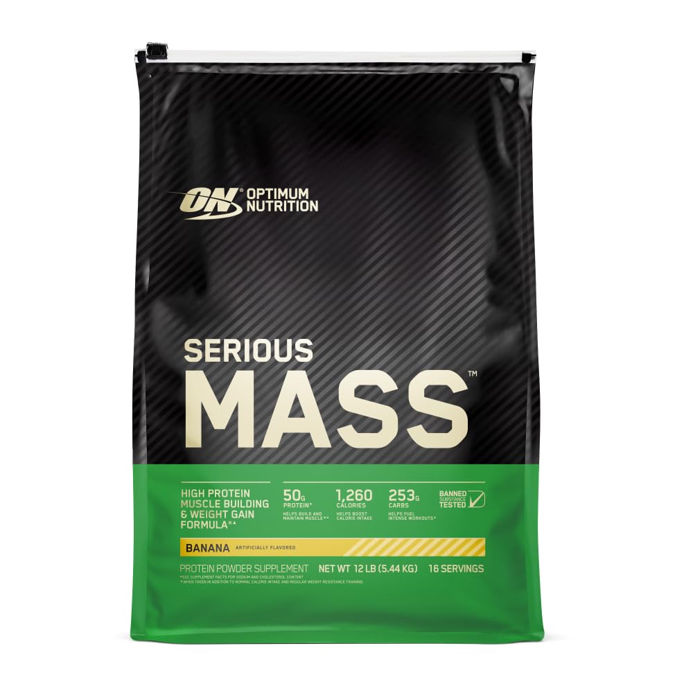 Optimum ernæring alvorlig masse, vekt gevinster protein pulver, masse gevinster, vitamin C og sink for immun støtte, kreatin, banan, 12 pounds (pakke May Vary)