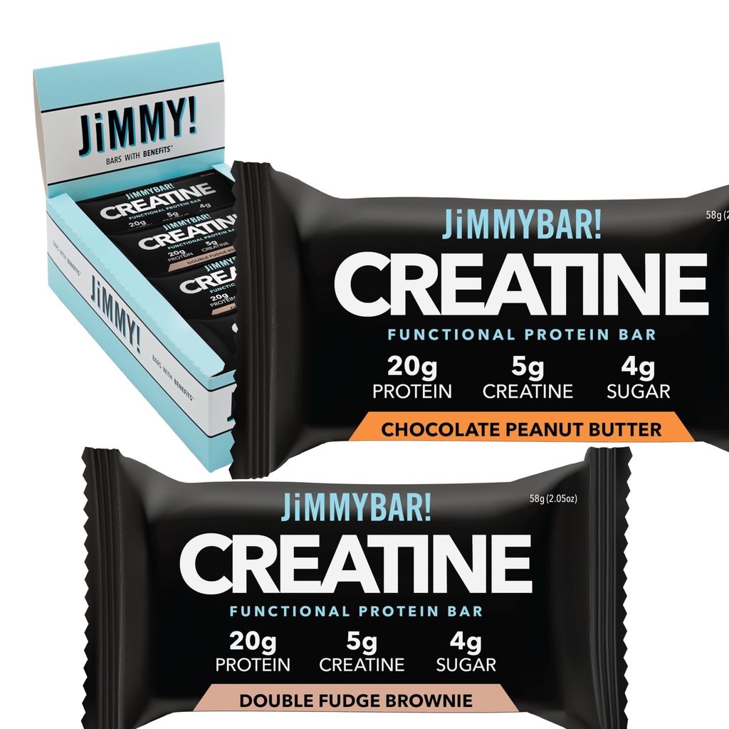JiMMYBAR! Kreatinprotein Bar - 5g kreatininmonohydrat + 20g Protein - høy proteinsnack - støtter muskelvekst, styrke og gjenoppretting - ekte mat energi bar for atleter | 6 sjokolade peanut smør + 6 fudge Brownie Variety Pack (12 bars)