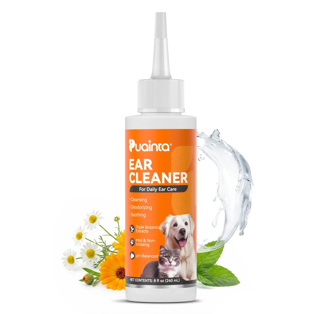PUAINTA hund øret renere løsning - alkoholfri ørevask med Quantum Silver & Witch Hazel - Soothes kløe, fjerner Wax & Odor - Gentle Daily Flush for hunder og katter (8 oz)