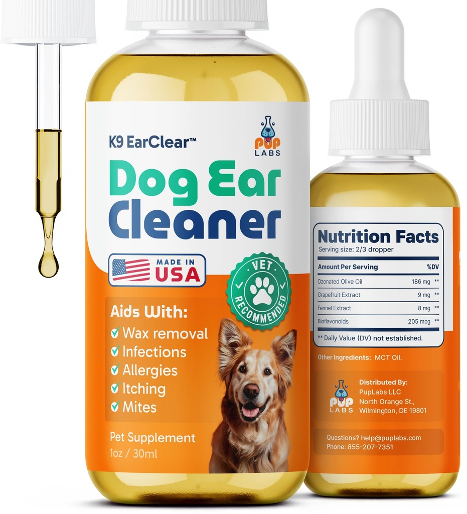 Pup Labs øreklar, naturlig hund ørerenser og infeksjon behandling for hunder, hundedråper for kløe, irritasjon, og Wax Build-Up, 1 oz flaske med dropper