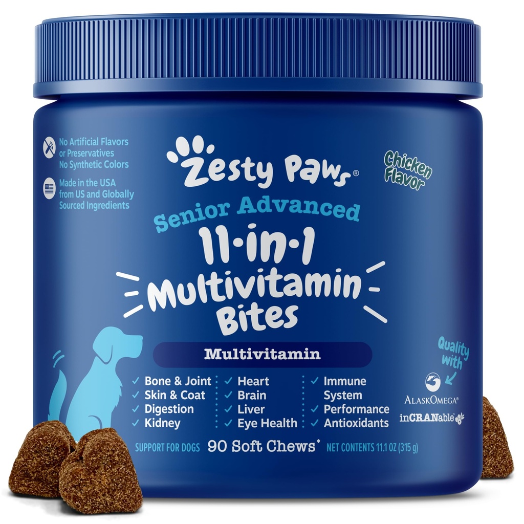 Zesty Paws Senior Dog Multivitamin Treats - Glucosamine for hund + Digestive Enzymer & Probiotika - Grain Gratis Hundevitaminer og kosttilskudd for hud & Coat + Immune Helse Kylling - Avansert - 90ct