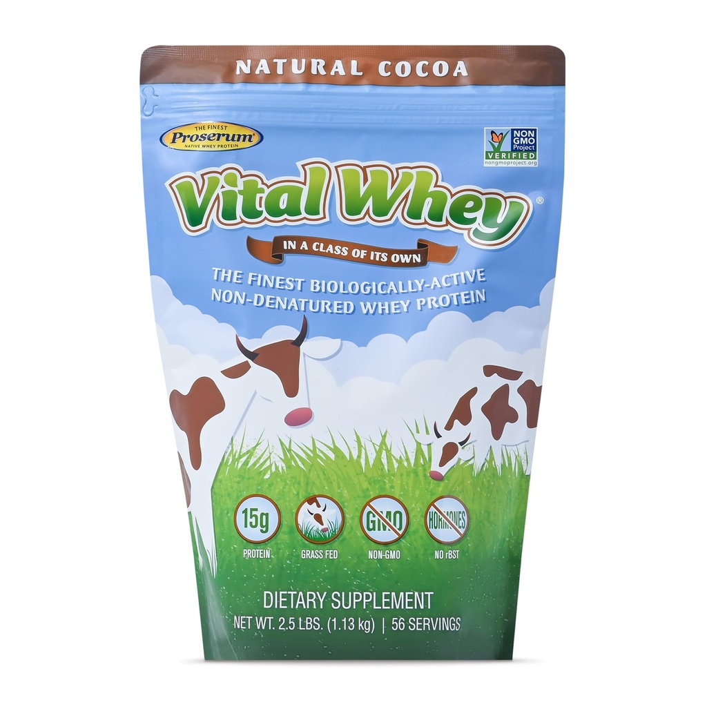 Grass-Fed Whey Protein pulver for immunvitalitet, Naturlig Cocoa 2.5lbs (56 serveringer), 15g Protein Per tjener, Vital Whey, Clean Holistic, Wellness ernæring