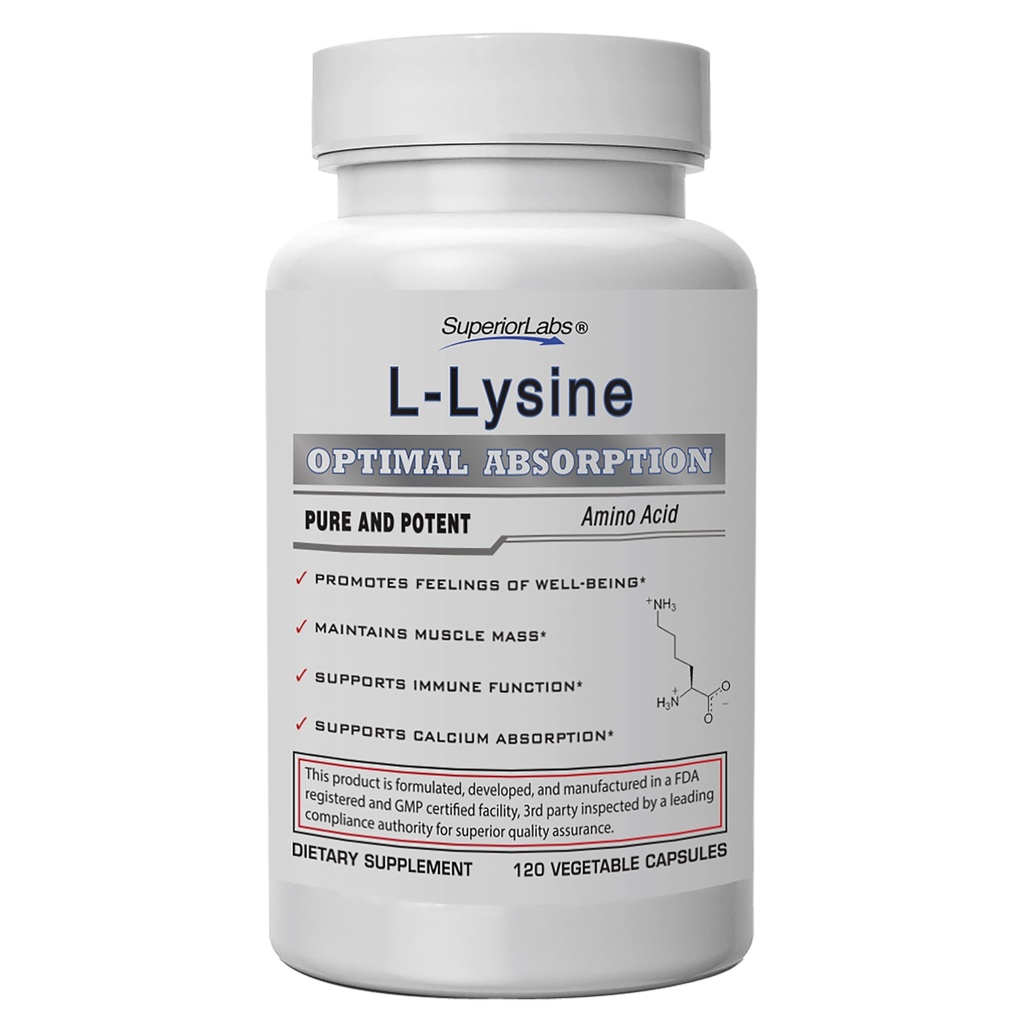 Superior Labs L-Lysine 500 mg kapsler, ren ikke-GMO, tredjeparts testet, Ingen fyllstoffer, Glutenfri, støtter immunsystem, fremmer kalsiumabsorpsjon, 120 Caps