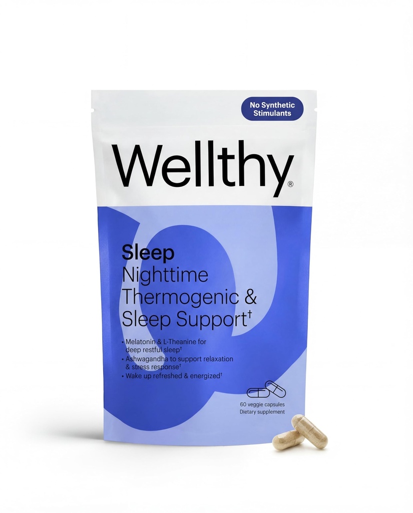 Wellthy Night Time Thermogenic - Vitamin B6, Ashwagandha & Melatonin - Nighttime Thermogenic for kvinner - Belly Thermogenic - naturlige vekttap kosttilskudd for kvinner, 60ct