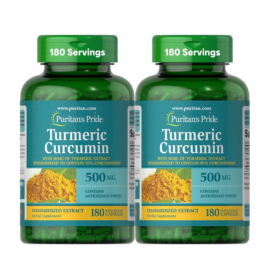 Puritan Pride Turmeric Curcumin 500mg, Standarized til 95% Cucuminoids, Herbal kosttilskudd for antioksidant helse, 180 Radpid Release Kapsler, Pakke med 2