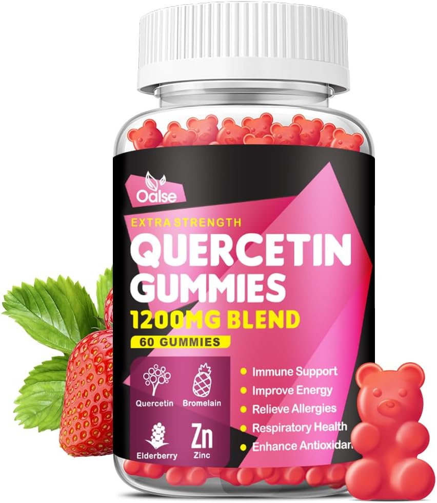 Quercetin Gummies 1200 mg - Quercetin med vitamin C og sink, Bromelain, Elderberry, vitamin D3 - Quercetin kosttilskudd for barn og voksne immunitet og allergi støtte