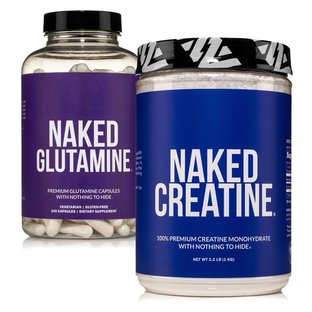 NAKED ren mikronisert kreatinmonohydrat 200 serveringer + ren L-Glutamin 240 kapsler Bundle: Vegan, ikke-GMO, Glutenfri. Minimer muskelnedbrytning og forbedre proteinsyntese. Ingenting kunstig