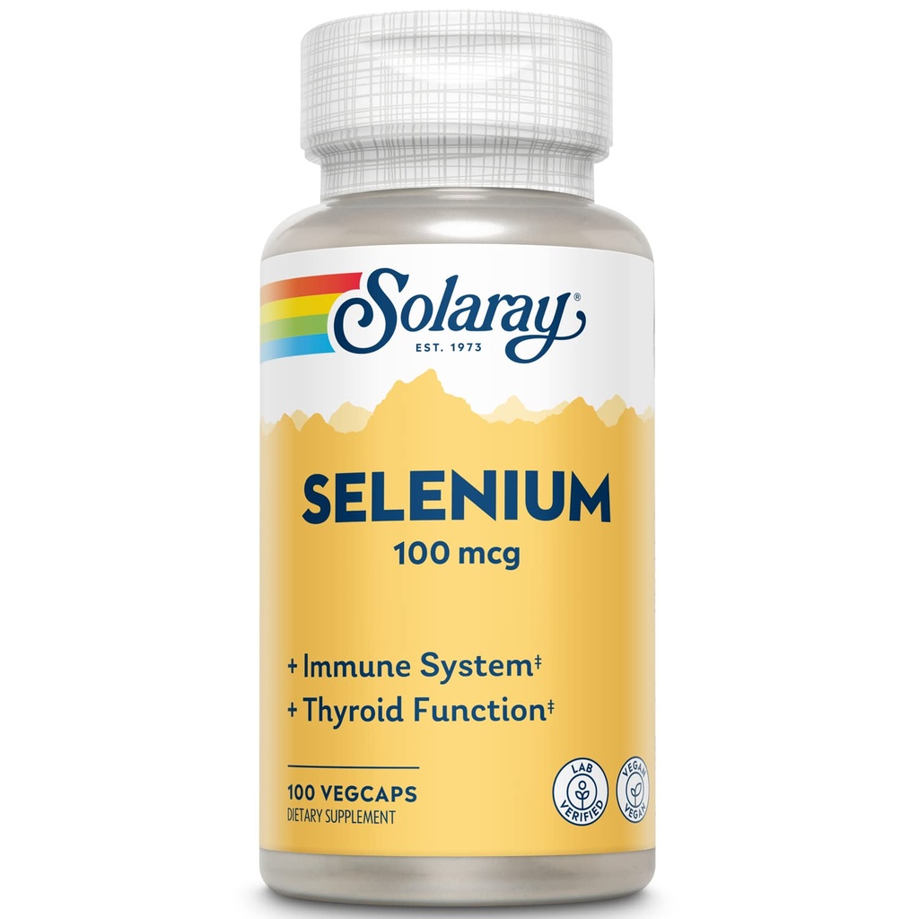 Solaray Selenium 100 mcg, Sunt immunsystem, Thyroid funksjon og antioksidant støtte, Vegan, Lab verifisert, 60-dagers garantert, 100 serveringer, 100 Vegkaps