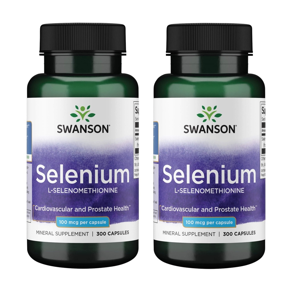 Swanson Selenium (L-Selenometionine) - Herbal Supplement som fremmer hjerte helse og prostata Helse - Kan støtte immunsystem & Thyroid helse - (300 kapsler, 100mcg Hver) (2 Pakke)