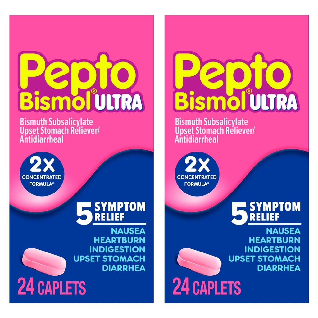 Pepto Bismol ULTRA Caplets, Upset Mage Relief, Amoral Relief, Heartburn Relief, Indigestion Relief, Antidiaré Medisin for voksne - 5 Symptom Relief, 48 ct (2x24 ct)