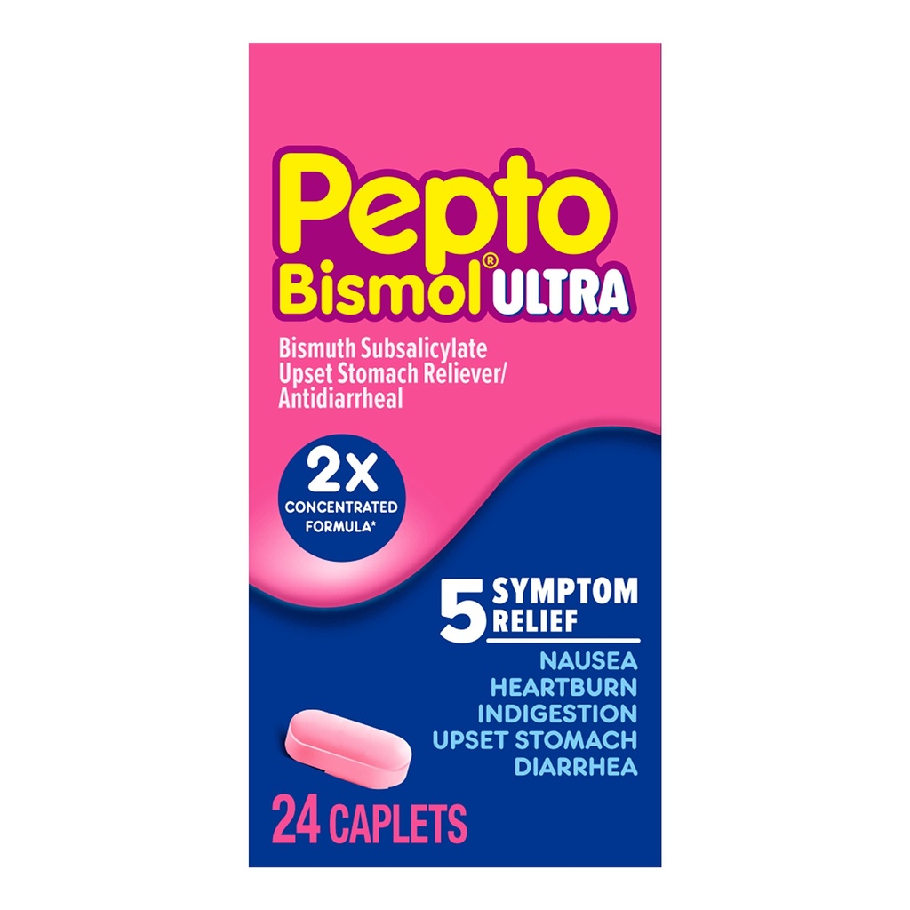Pepto Bismol ULTRA Caplets, Upset Mage Relief, Amoral Relief, Heartburn Relief, Indigestions Relief, Antidiaré Medisin for voksne - 5 Symptom Relief, 24 ct