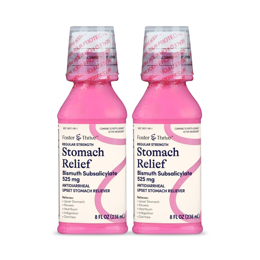 Foster og thrive mage relief flytende for hemmighet, Heartburn, Indiesjon, Oppsett Mage, Diarrea - Fast Relief for 5 symptomer, Antidiarreal, Bismuth Subsalicylate 525 mg, Original, 8 oz (Pack of 2)