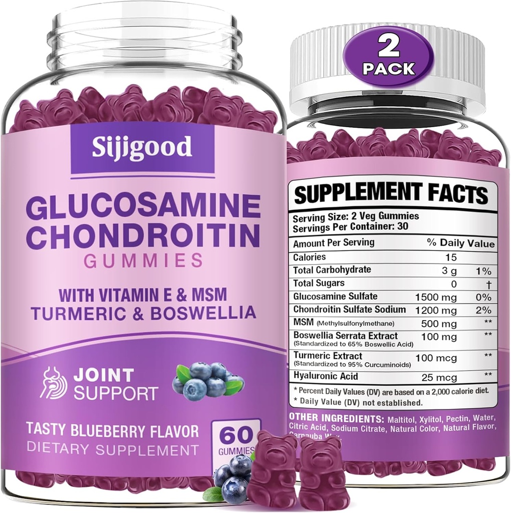 2 Pakke Glukosamine Chondroitin Gummies, Ekstra styrke Glukosamine Chondroitin MSM med Elderberry & Turmeric, Felles Helse, Fleksibilitet, Antioksidant, Immun for voksne-Blåbær Flavored, 120 Gummies