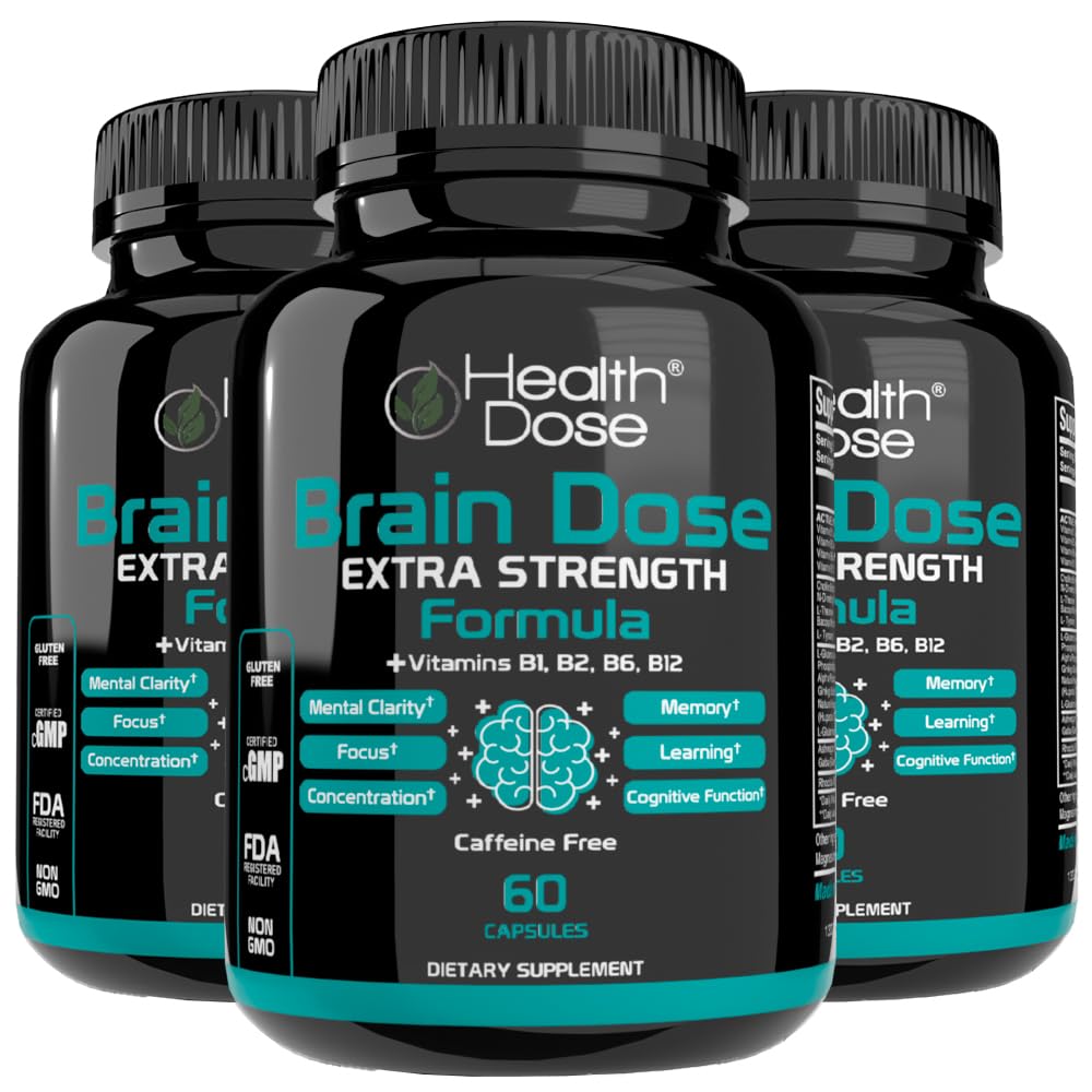Helse Dos Brain Dos Premium Nootropics - Koffein-fri ekstra styrke formel for menn og kvinner - støtter hjernehelse, kognitiv fokus og minne tilbakeholdenhet, pakke med 3.