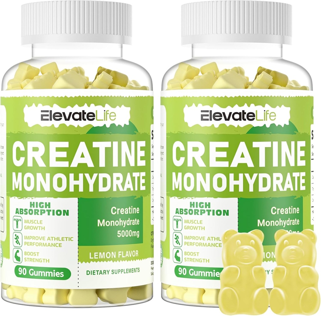 ElevateLife Creatine Monohydrat Gummies 5g for menn kvinner - sukkerfri Chewable Supplement. 180 gummier sitron